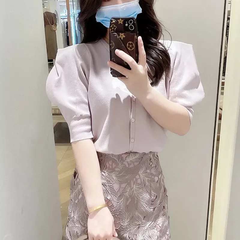 

Джемпер в японском стиле, однобортный трикотажный топ с V-образным вырезом и короткими рукавами-фонариками, милый однотонный кардиган, Нови...