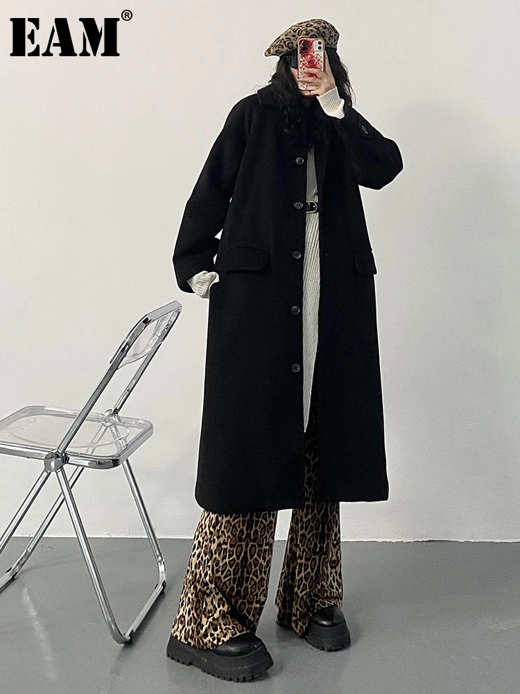 

[EAM] Loose Fit Black Single Breasted Big Size Long Coat Lapel New Long Sleeve Women Fashion Tide Autumn Winter 2023 1DF0209