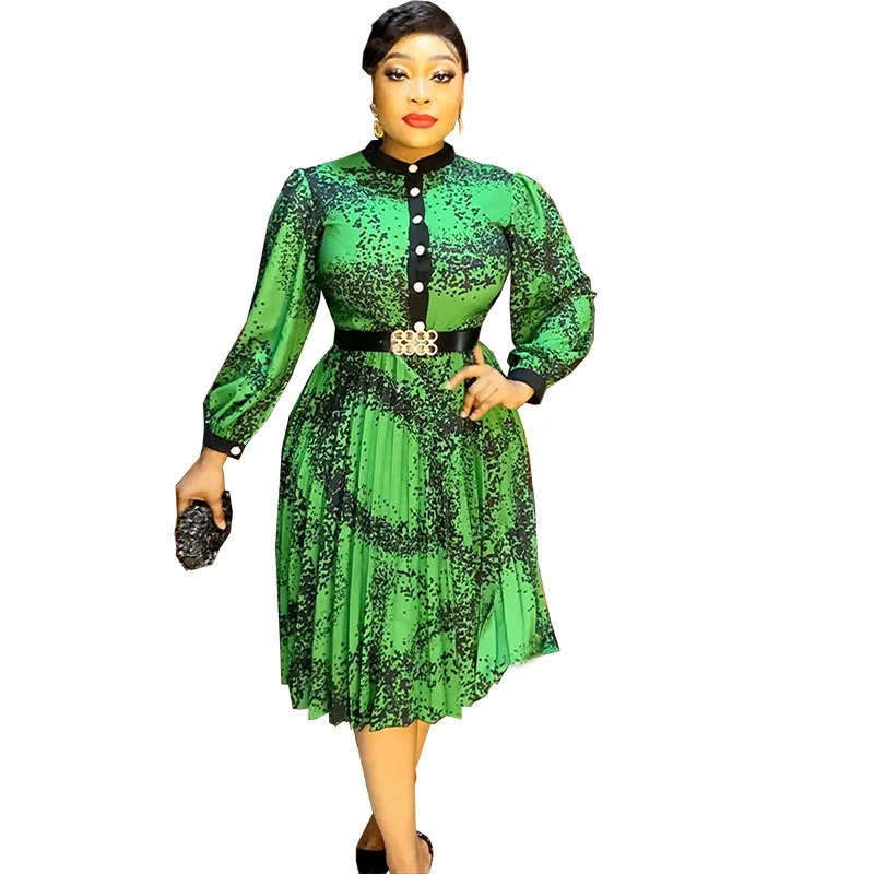 Plus Size Women Clothing 2023 New Ruffled Printed Waist A Line Skirt Loose Fitting Women's Dress  Long Sleeves Lady Dress