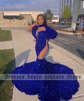 2022 royal blue one shoulder sequin mermaid prom dress sparkly ruffles black girls party gowns robes de soir%c3%a9e