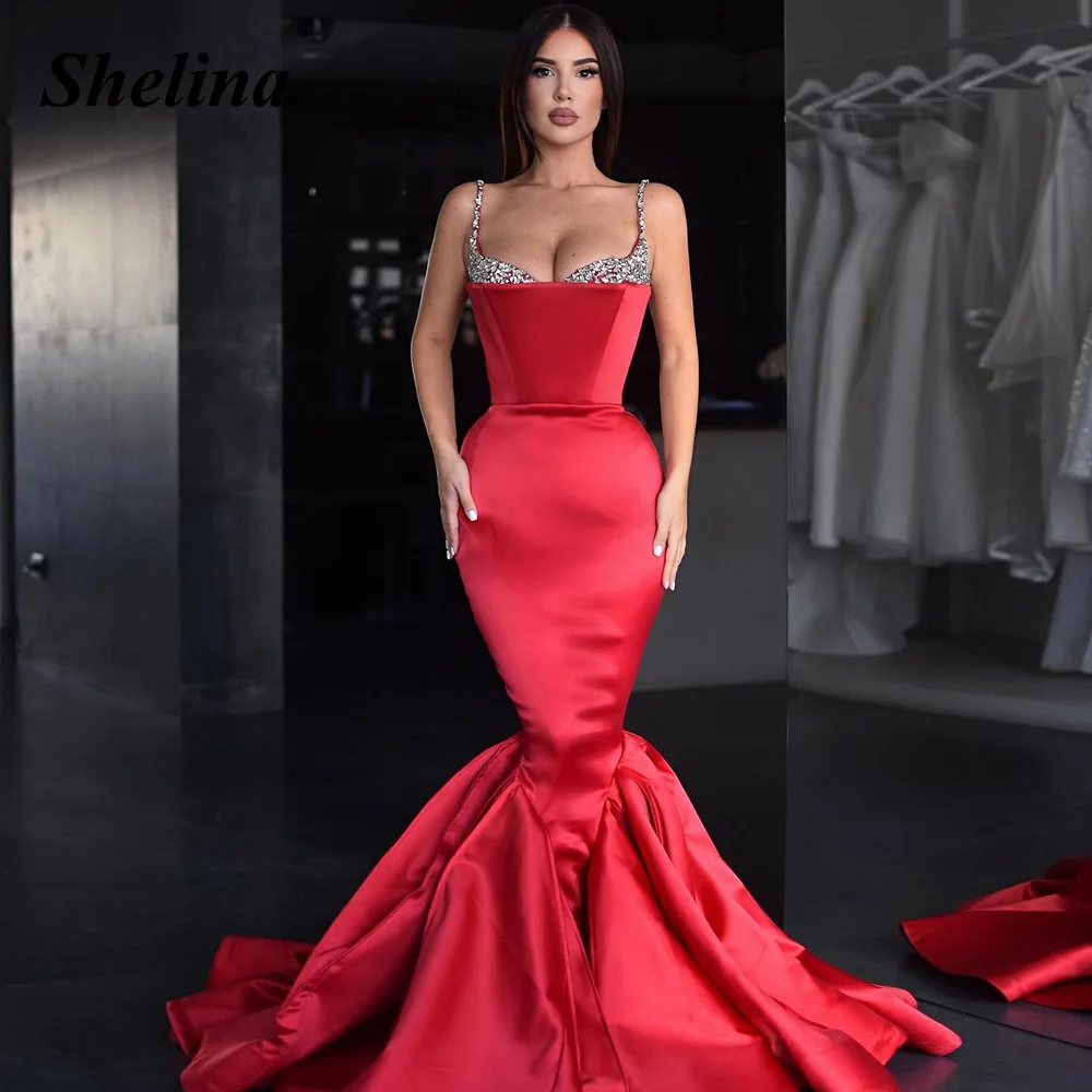 

Shelina Trendy Mermaid Evening Dress V-neck Spaghetti Straps Crystal Pleat Sweep Train Robes De Soirée Drop Shipping Customized