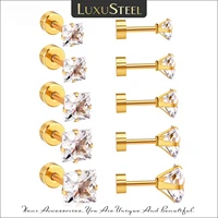 luxusteel christmas earrings gold color 5pairs sets stainlesss steel size 3mm to 7mm square screw stud earring jewlery