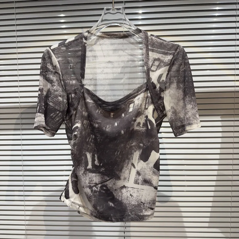 

BORVEMAYS сетчатая тянущаяся облегающая футболка контрастные цвета пэчворк узор квадратный воротник короткий Sleve 2023 летние топы WZ3498