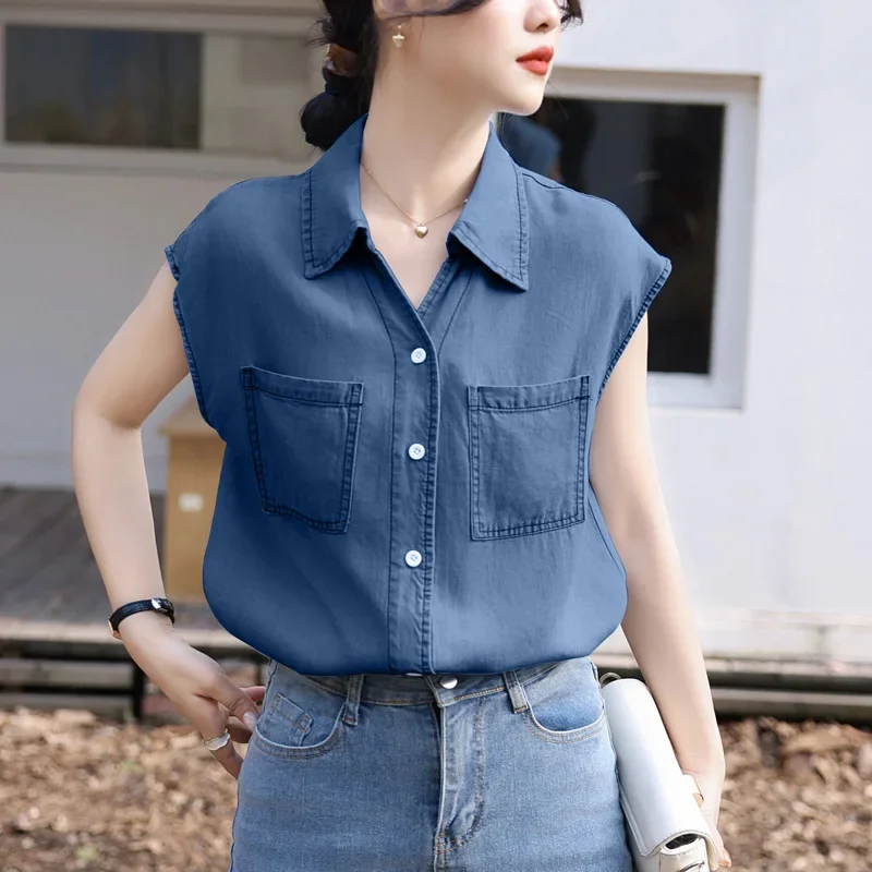 2024 винтажный джинсовый инвестирующий легкий хлопковый топ Женская летняя