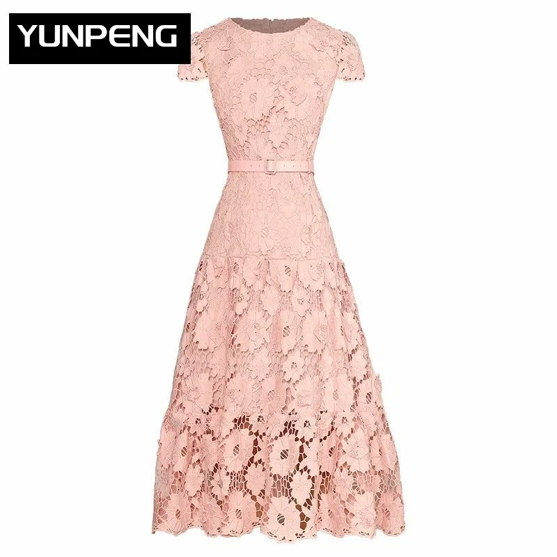 Dresses For Women 2023 Runway Luxury Brand Elegant Spring Summer O-neck Hollow Out Water Soluble Flower Elegant Party Midi Dress