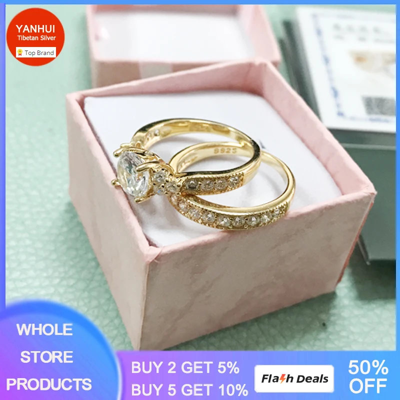 

Allergy Free Delicate 24K Yellow Gold Color Round 2 Carat Diamant Rings Bride Sets Wedding Band Fine Jewelry for Women
