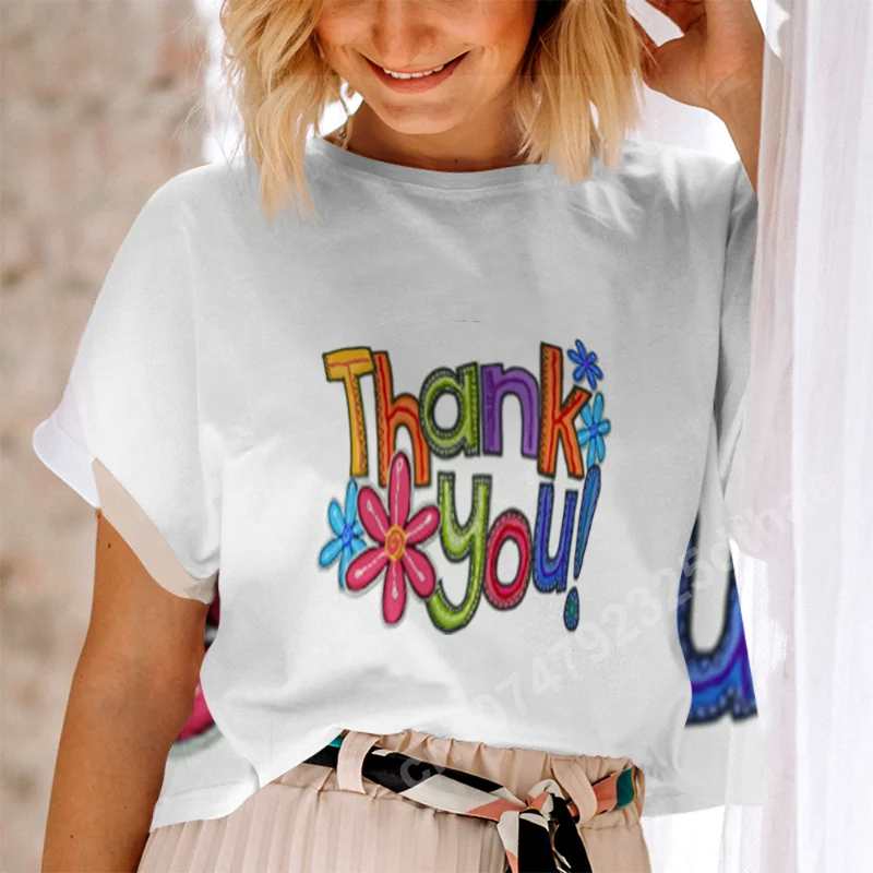 

Thank You Watercolor Print T-Shirt Women Text Letter O-Neck Short Sleeve Tops Casual Loose Pullover Summer Oversize Clothes Tees