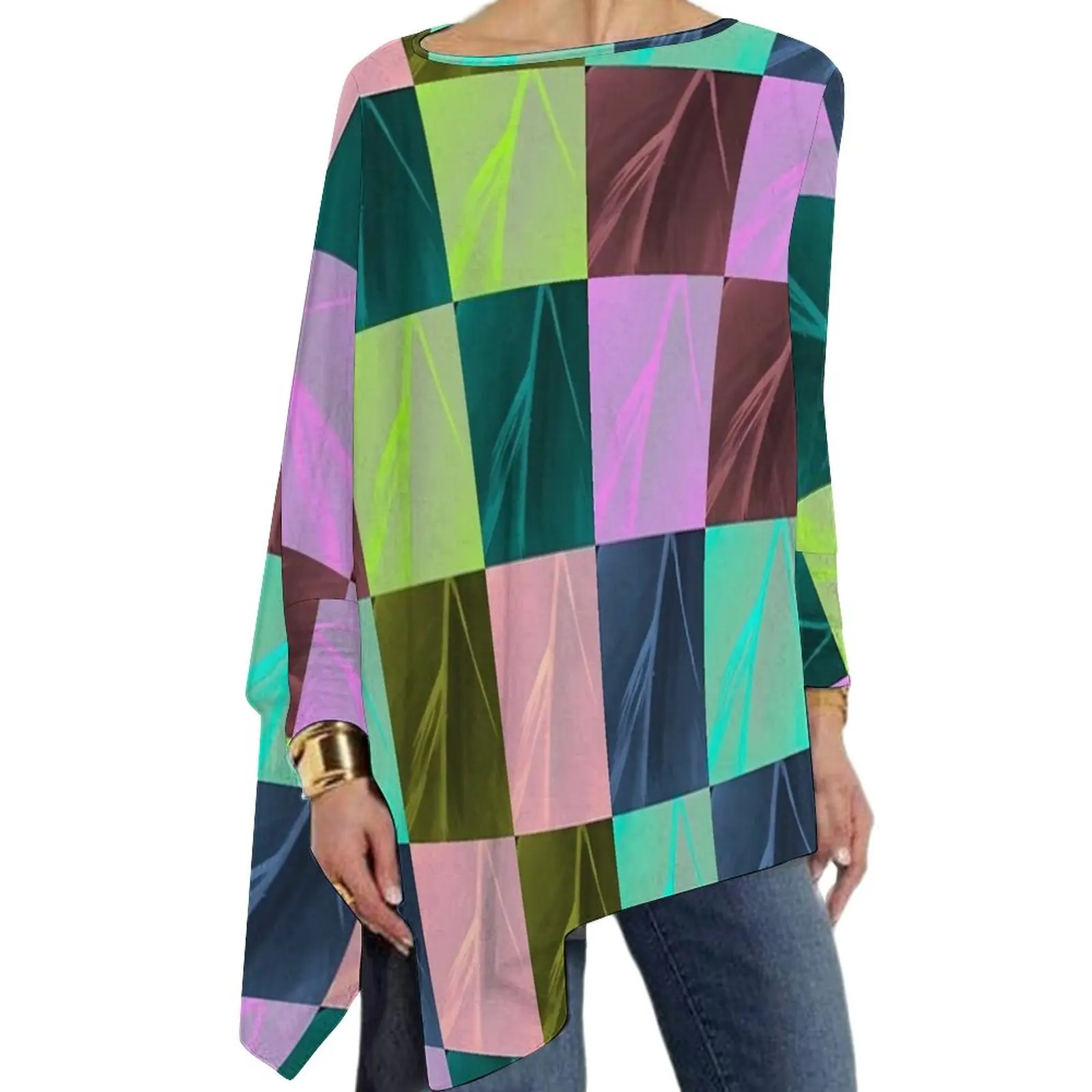 

Красочная футболка с цветным блоком, шахматная свободная футболка с длинным рукавом, индивидуальная футболка Y2K, женские зимние топы, футболки большого размера