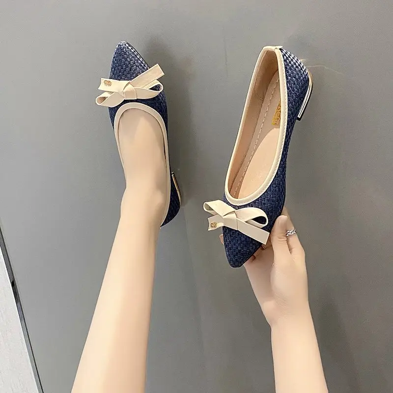 

2022 Lady Flat Shoes Ribbon Bow Pointed Toe Flats Plus Size Female Women Footwear Mix Color Flats Women Comfort Ladies Shoes