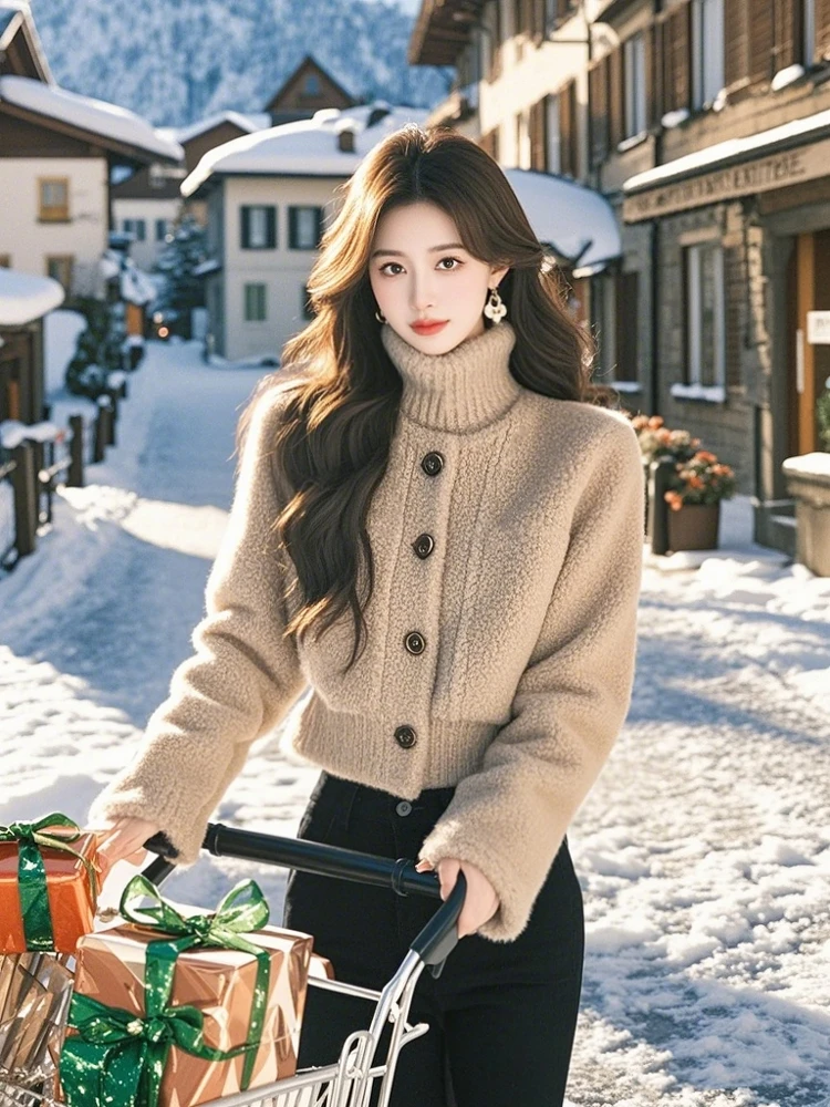 Популярная в этом году изящная верхняя одежда цвета хаки из овечьей шерсти для