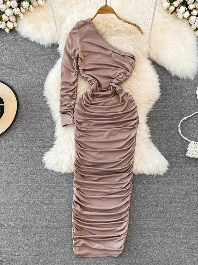 

Элегантное женское вечернее длинное платье Foamlina, сексуальное облегающее платье с одним открытым плечом и длинным рукавом, стрейчевое Клубн...