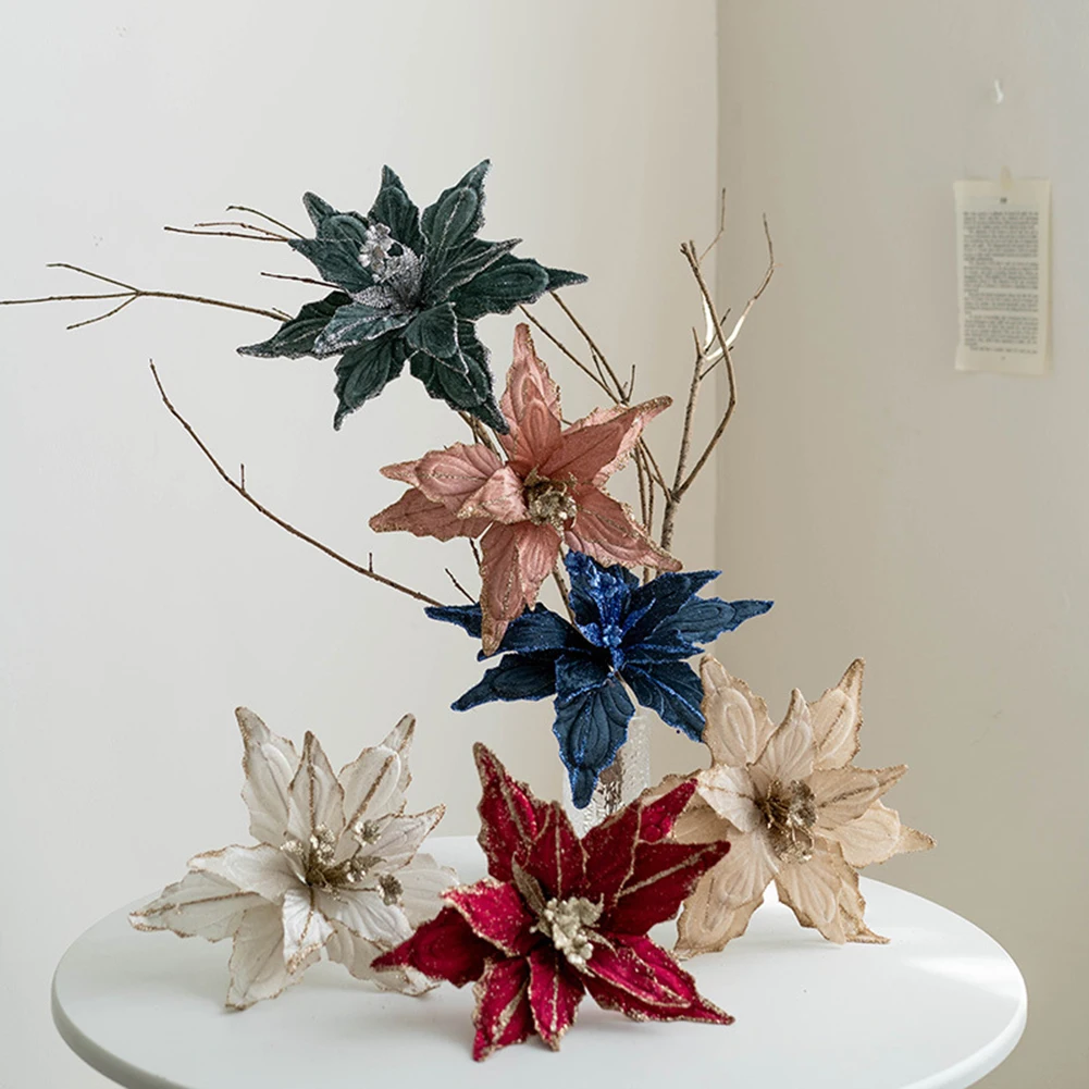 

Christmas Flower Glittering Poinsettia Decorations Christmas Tree Wreath Hanging Ornaments For Home Xmas Party Holiday Decor