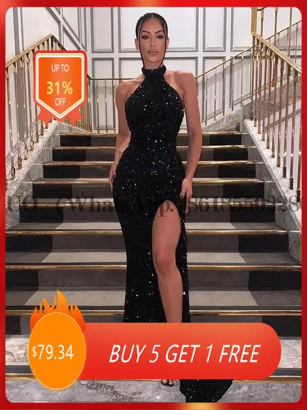 

Сексуальное черное платье с блестками и юбкой-годе, без рукавов, коктейльное вечернее платье с разрезом сбоку, женское платье для торжества