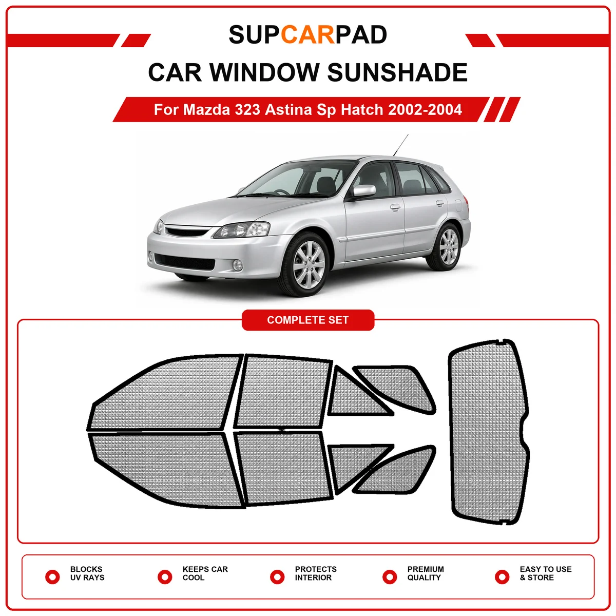 Фото Для Mazda 323 Astina Sp Hatch 2002-2004 годов выпуска, предварительно вырезанный автомобильный солнцезащитный экран для окон, анти-УФ защита. №1