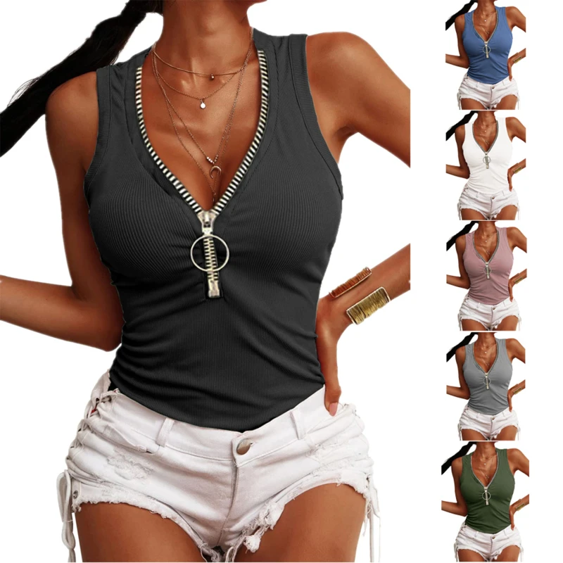 

Summer 2022 new European and American women's threaded zipper slim vest top T