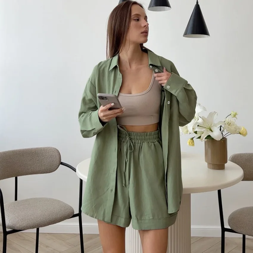 Autumn Cotton Linen Pajamas Green Fashion Casual Shirts Shorts Two-piece Loose Women Home Clothes Pyjama Femme Sexy Sleepwear