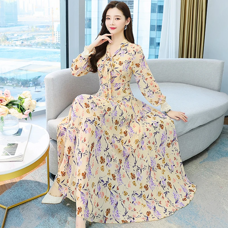 Женское шифоновое платье-макси с цветочным принтом в стиле бохо