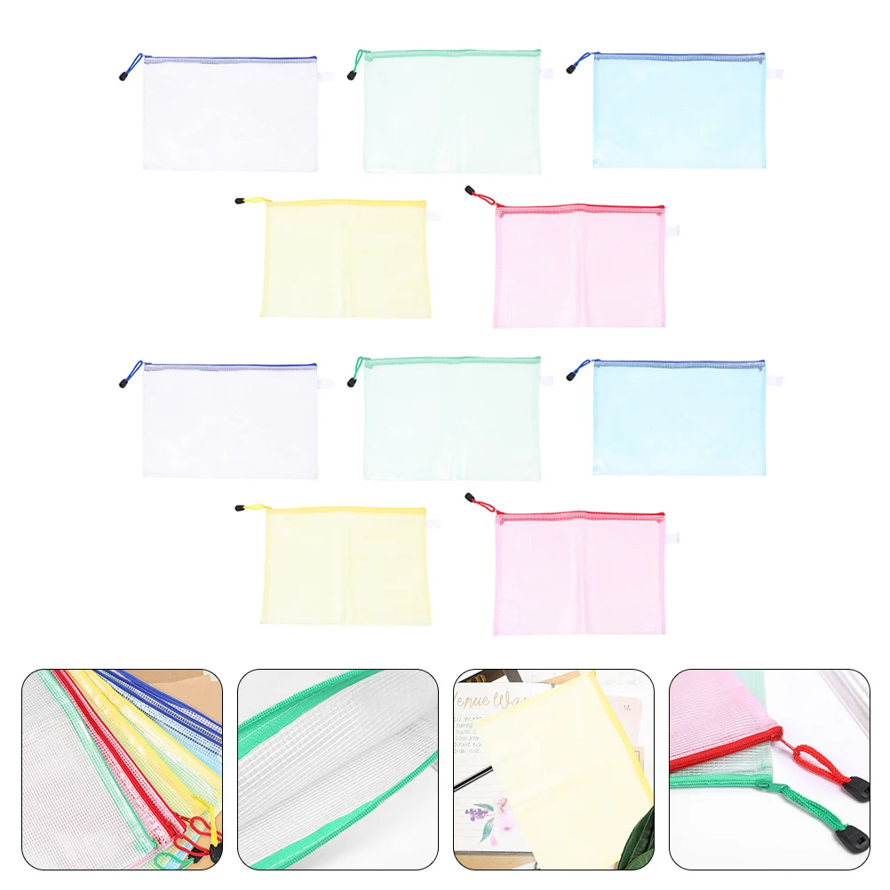 

10 Pcs Travel Storage Bags Office Folders Zipper Pouch Clear Zippered Storage Bags Mesh Storage Bag Bulk Clear Document Folder