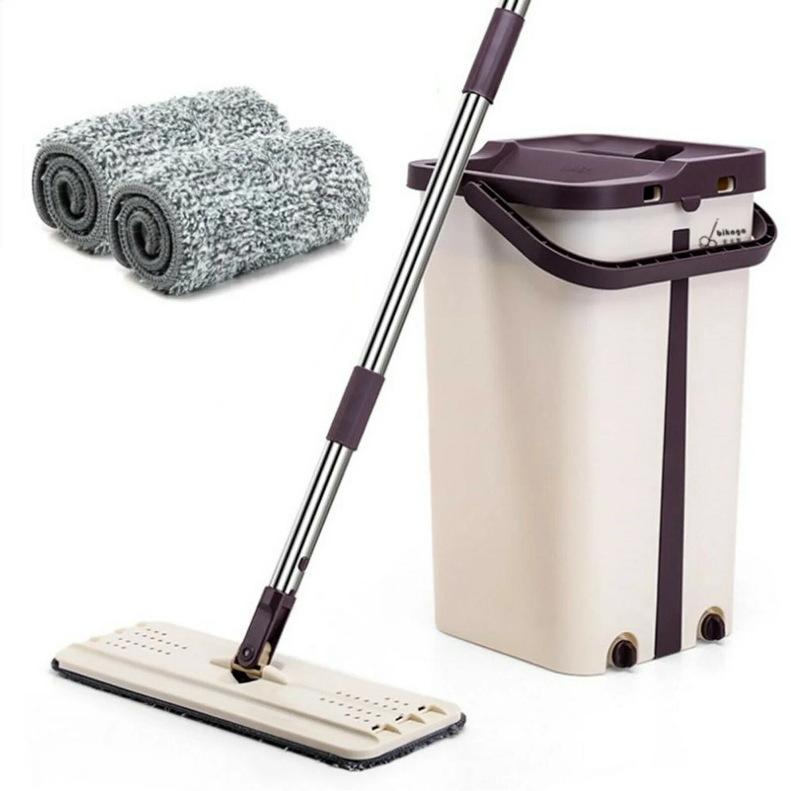 

360° FLAT SQUEEZE MICROFIBER MOP & BUCKET SET +2 PADS HOME FLOOR TILES CLEANING