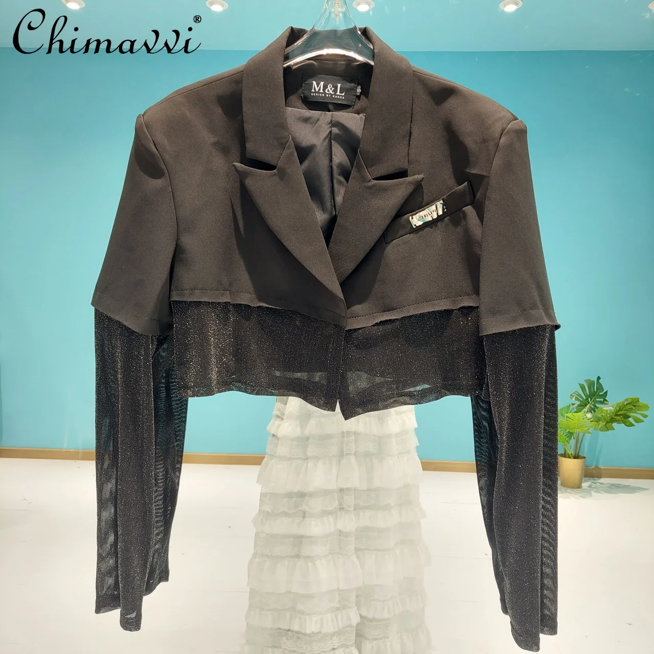 

2022 Spring Fall New Korean Style Ladies Fashion Elegant Short Suit Women's Streetwear Mesh Patchwork Back Letter Beaded Blazers