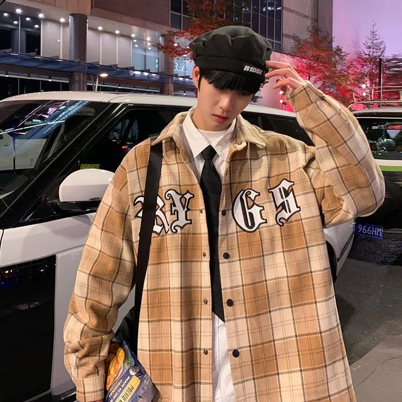 

Privathinker 2022 Embroidery Shirt Jacket Letter Oversize Harajuku Coats Hip Hop Fashion Khaki Plaid Male Clothing Spring New