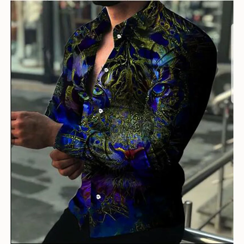 

Fashion Luxury Social Men Shirts Turn-down Collar Buttoned Shirt Casual Lion Print Long Sleeve Tops Men's Clothing Prom Cardigan