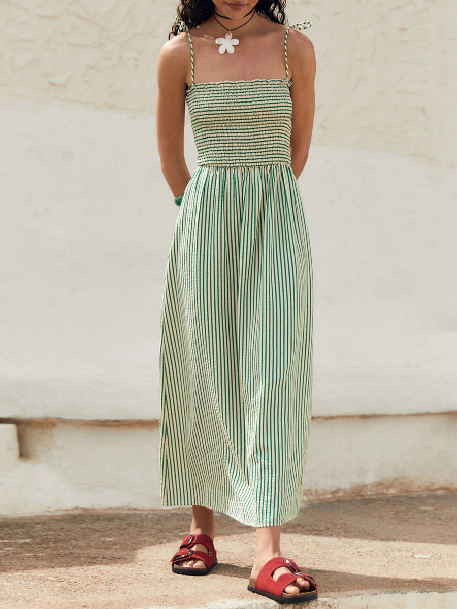 2024 женское полосатое платье с принтом шнуровка без рукавов оборками отделка