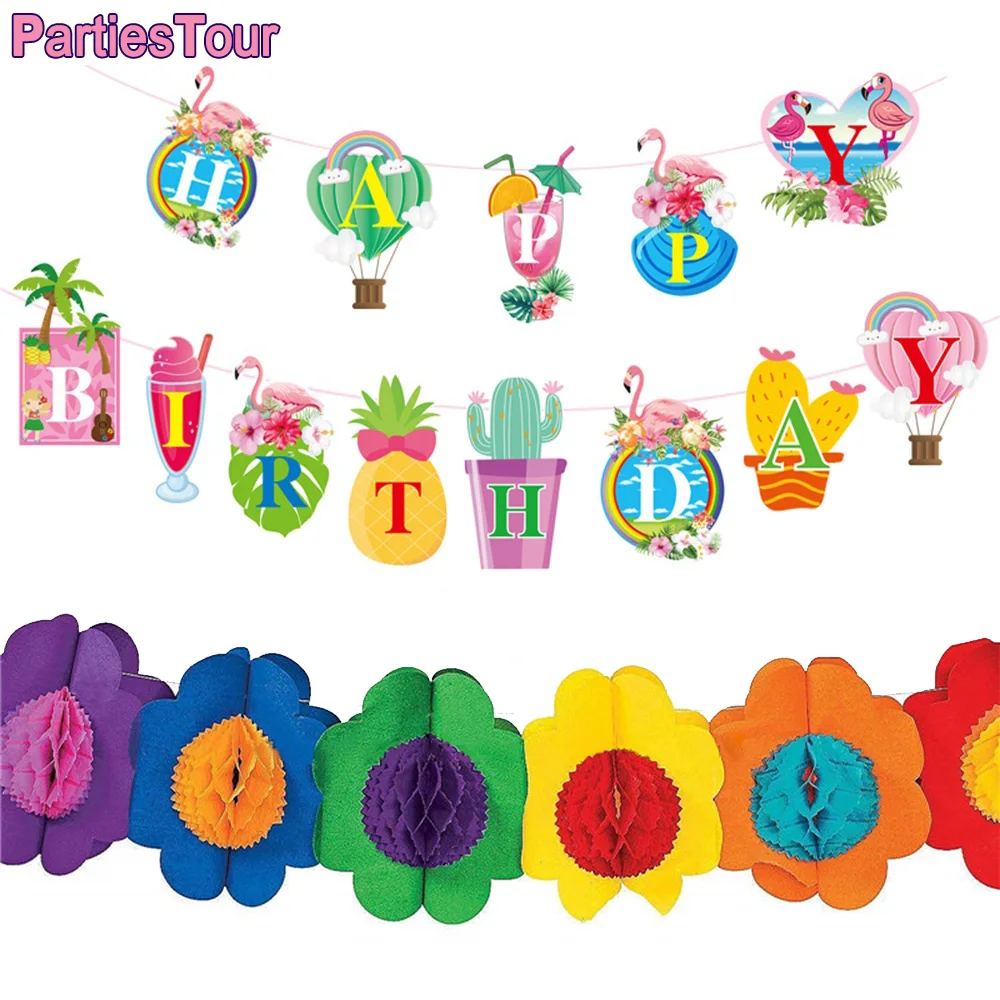 

Hawaiian Aloha Party Banner Happy Birthday Flamingo Pineapple Banner Tropical Luau Party Supplies for Summer Birthday Party