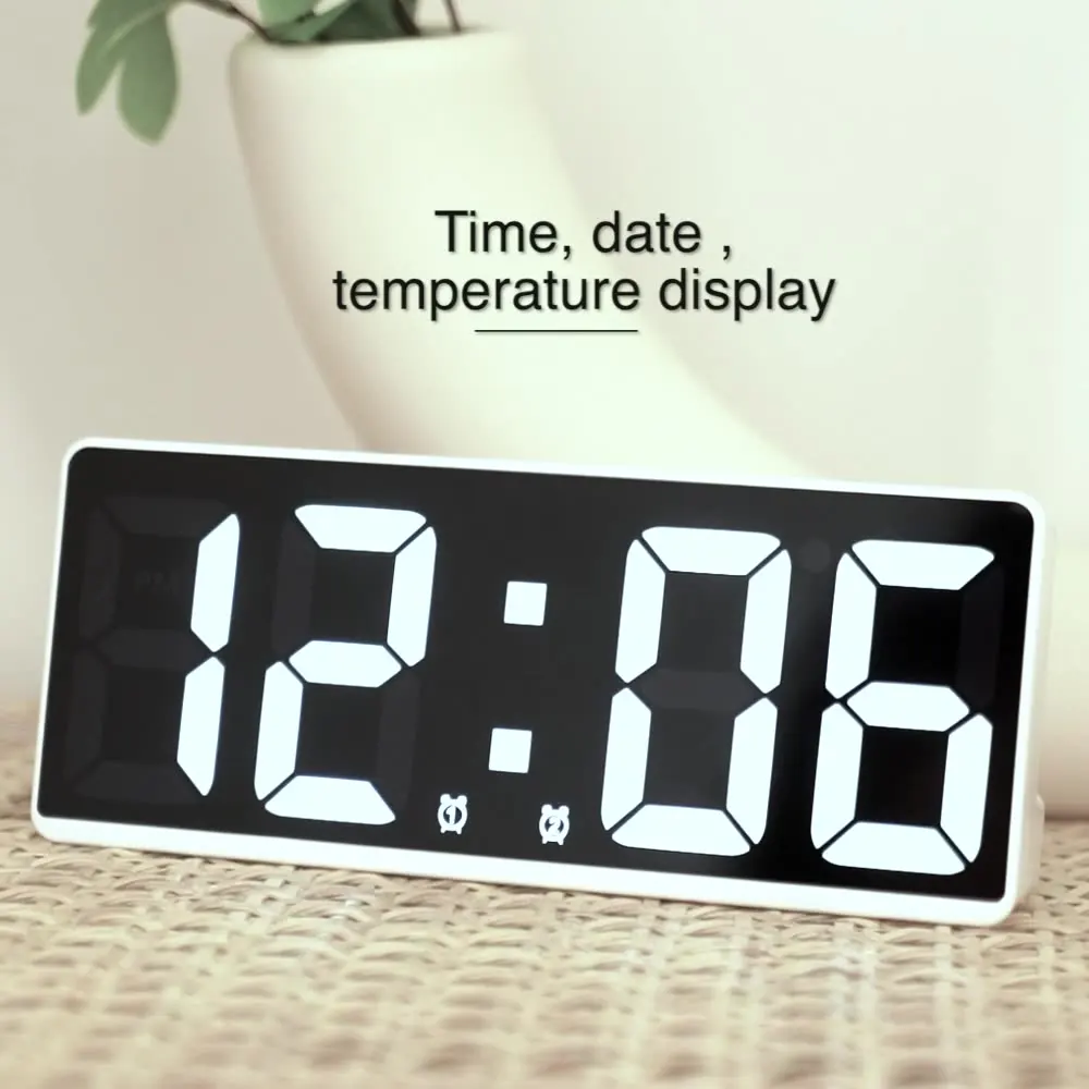 

Voice Control Mirror Alarm Clock Digital Temperature Display Dual Alarms Snooze Desktop Table Clock 12/24H LED Clocks Home Decor