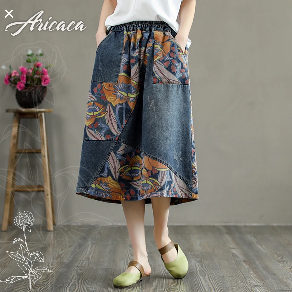 

Aricaca High Quality Women Fashion High Waist Ripped Printed Denim Skirt Women Distressed Jeans Skirts Dress