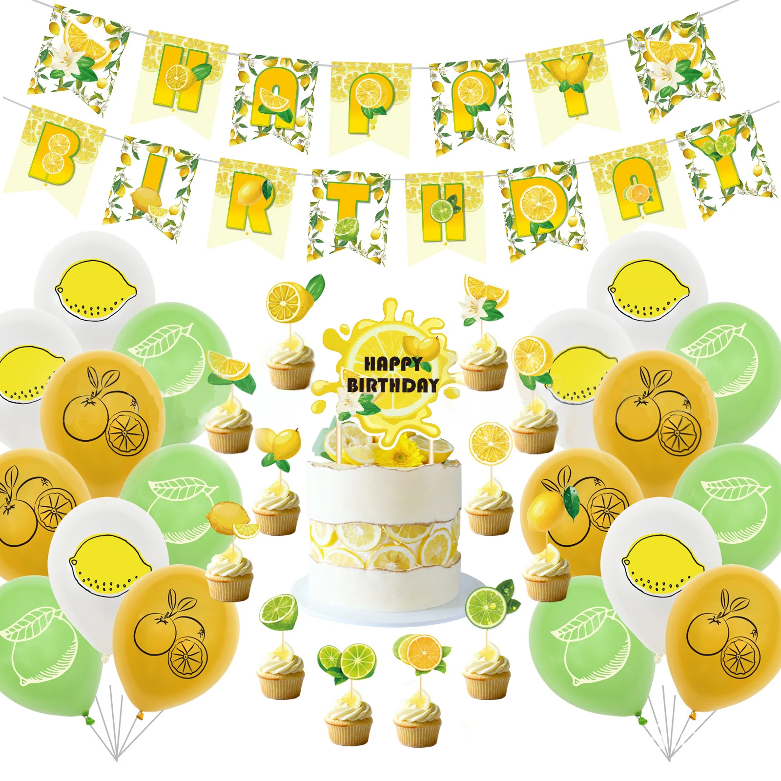 

JOLLYBOOM Lemon Theme Party Yellow Green White Print Latex Balloon Set with Banner Lemon Cupcake Topper for Birthday Decoration