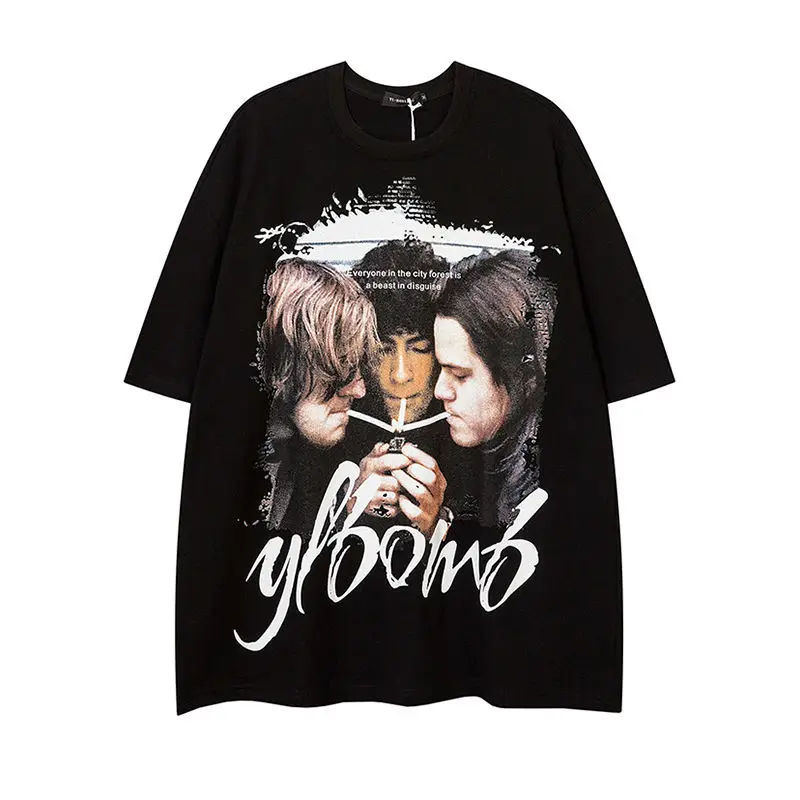 

Heavyweight 100% cotton vintage portrait print hiphop t-shirt for men and women high street loose short sleeve