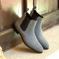 men british chelsea boots pu classic houndstooth round toe wear fashion versatile business casual street party daily dress shoes