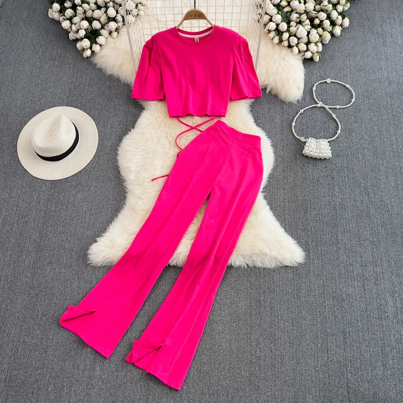 

Nomikuma Two Piece Sets Womens Outifits Puff Sleeve High Waist Wide Leg Drawstring Conjunto Femenino Fashion Ensemble Femme