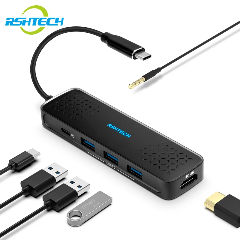 

RSHTECH T01 USB C Hub with HDMI 4K@30Hz 6-in-1 USB-C Multifunctional Docking Station 100W PD 3.5mm Audio Jack 5Gbps Type-C Hub