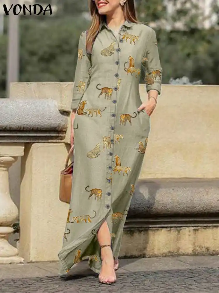 

VONDA Women Long Sleeve Printed Robe Stylish Female Casual Polyester Holiday Maxi Sundress Vintage Lapel Button Dress Oversized