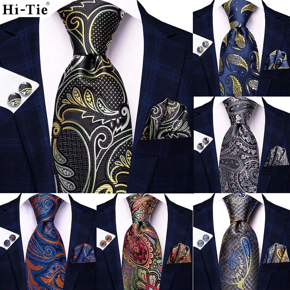 

Hi-Tie 2022 новый черный золотой Пейсли мужской галстук Hanky запонки шелковый галстук для мужчин Свадебная вечеринка бизнес модный бренд Прямая п...