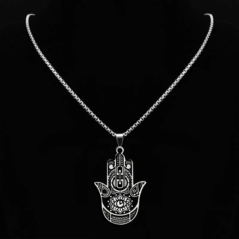 

Yoga Lotus Hamsa Hand Necklace Stainless Steel Men Hands Of Fatima Evil Eye Pendant&Chain Necklaces Turkish Luck Jewelry N18203