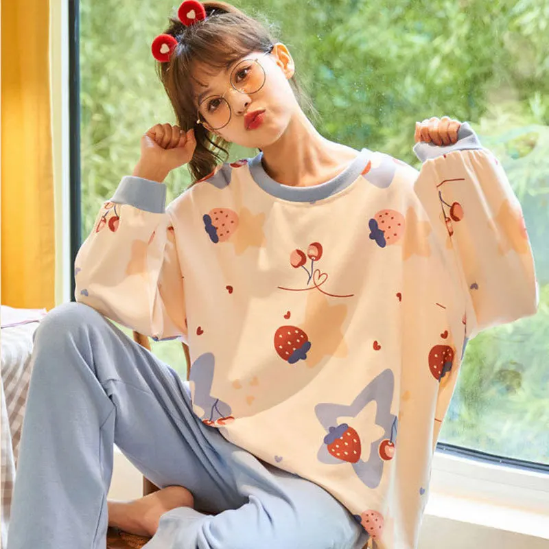 

Wholesale Pajamas Sets Spring Carton women Long Sleeve Sleepwear Suit Autumn Cute Big Girls Homewear Gift for female Sleepwear