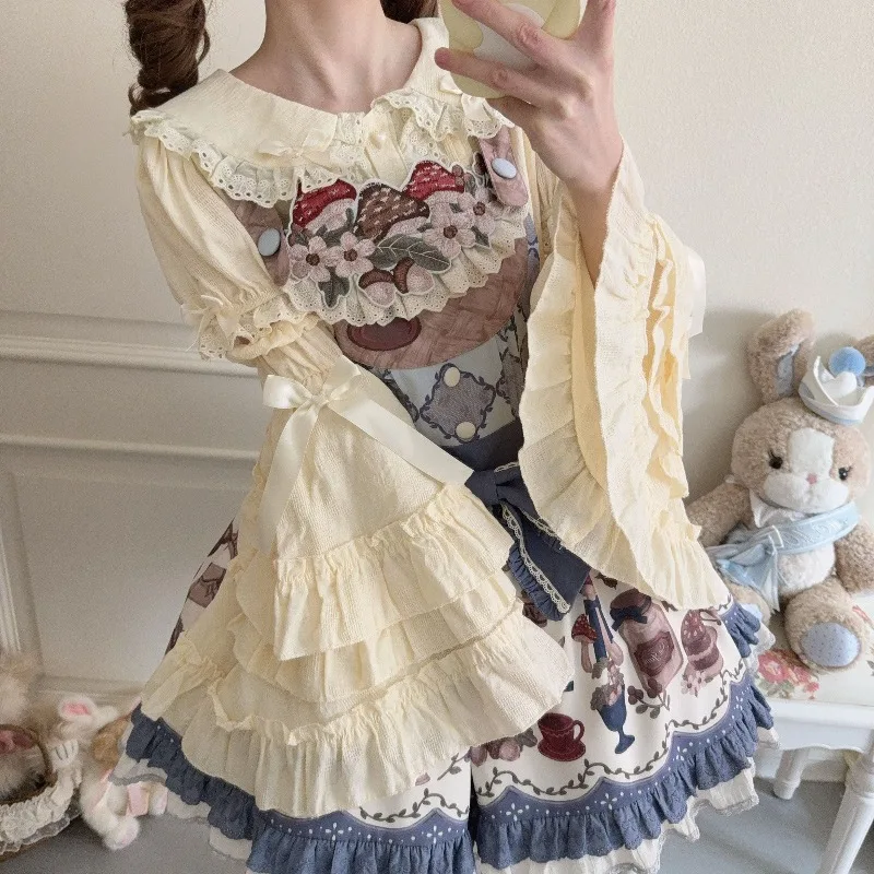 Фото Женские японские рубашки в стиле Sweet Lolita, винтажные блузки Y2K с кружевом и бантом, с отстегивающимися рукавами, одежда для девочек, милые топы Kawaii №5
