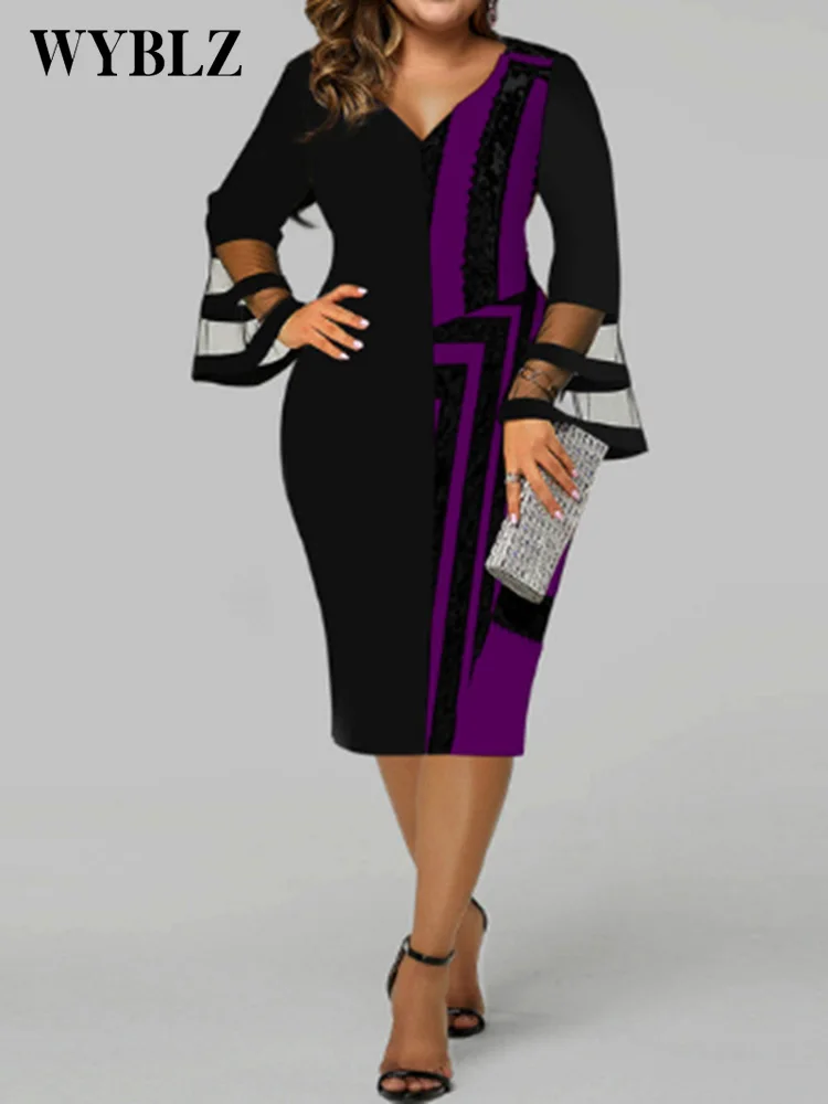 WYBLZ Plus Size Dresses for Women 4xl 5xl Digital Printing Screen Splicing Large Women's Bag Hip Dress Elegant Midi Party Dress