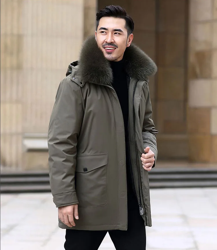 New Arrival 2023 Men Duck Down Overcoat Jacket with Real Fox Fur Collar Hoodie Detachable Lining Navy Black Khaki XXXXXL 4XL 5XL