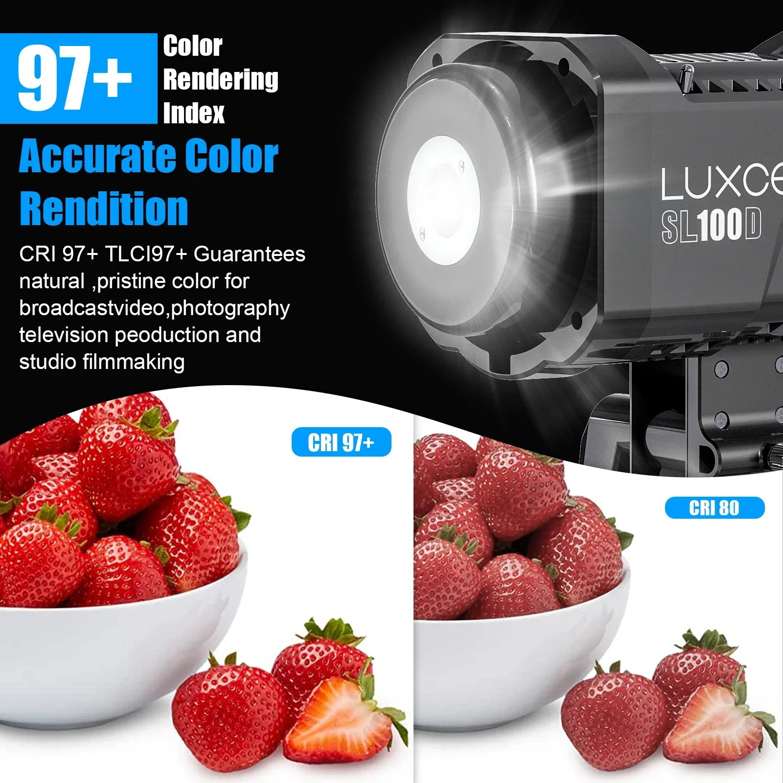 Фото Светодиодный видеосвет LUXCEO SL100D, двухцветный, 2700-6500K, 100 Вт, с креплением Bowens, студийное освещение с управлением через приложение для профессиональной фотографии №2