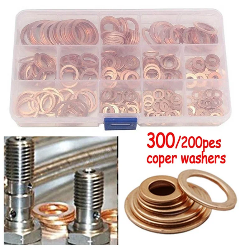 

300/280/200PCS Copper Washer Sealing Solid Gasket Seal Assortment Kit Crush Flat Seal Ring Tool Fastener Hardware Accessories