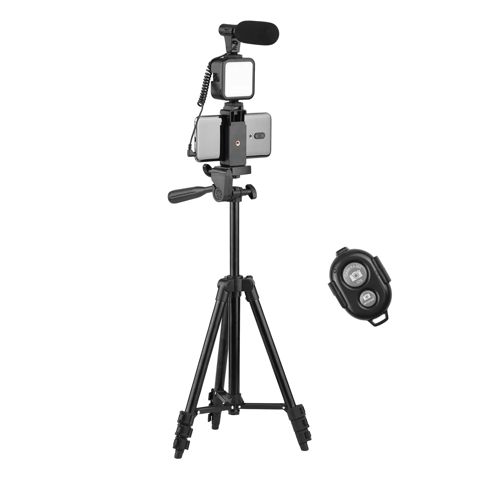 

Phone Vlog Video Kit with Height Adjustable Tripod Phone Holder with Cold Shoe Microphone LED Video