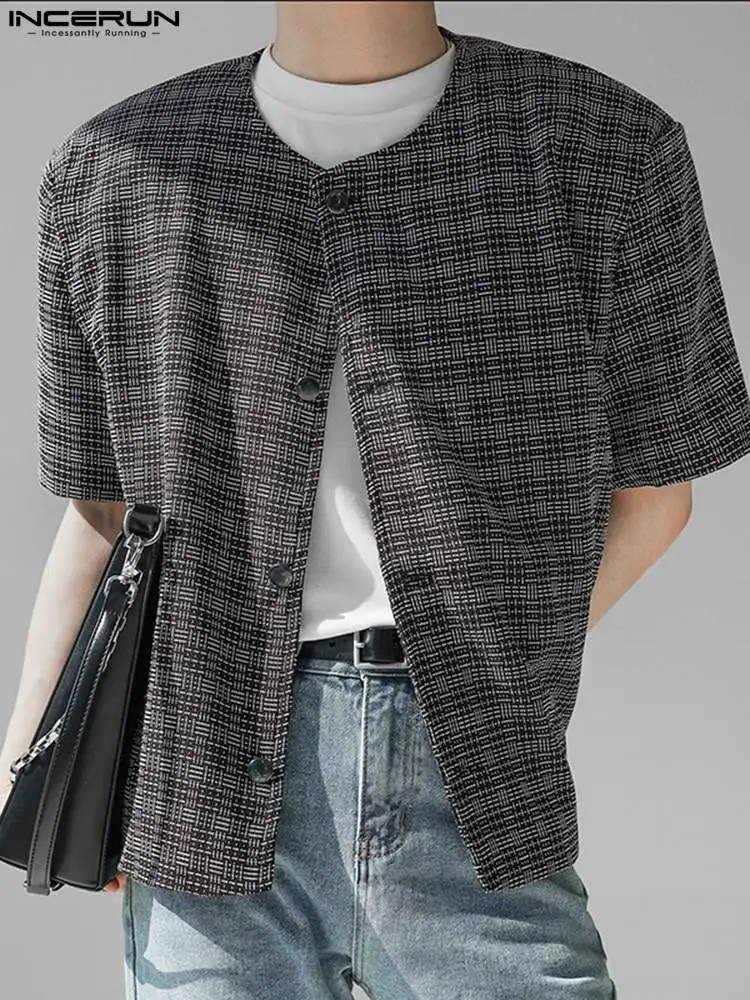 INCERUN Tops 2022 Korean Style Men's Plaid Shoulder Pad Blouse Casual Simple Male All-match Short-sleeved Cardigan Shirts S-5XL