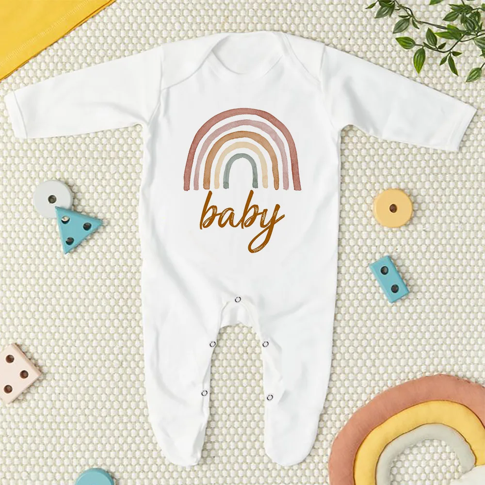

Rainbow Baby Print Baby Babygrow Sleepsuit Vest Bodysuit Newborn Coming Home Hospital Outfit Infant Birth Baptism Shower Gifts