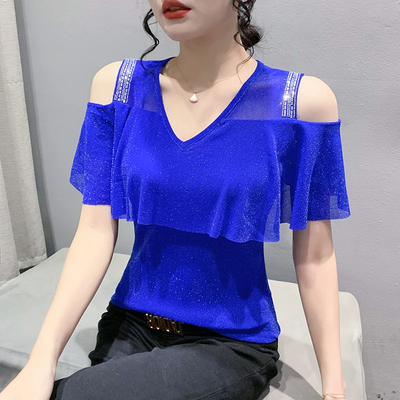 

Женская футболка с коротким рукавом, V-образным вырезом и оборками