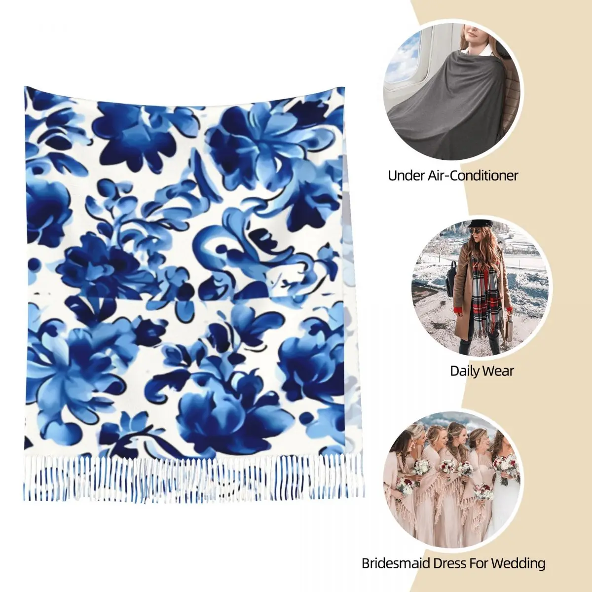 Женский шарф с кисточкой Gzhel в русском стиле цветочным принтом длинная мягкая