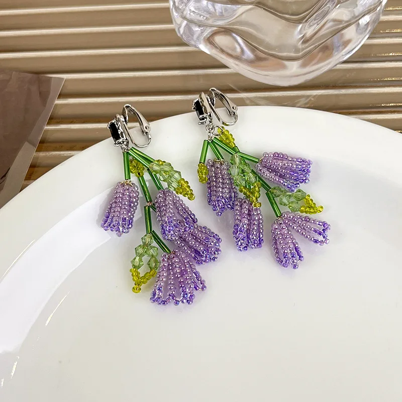 

Minar 2023 Summer Purple Beads Strand Tulip Clip Earrings Silver Plated Metal Rhinestone Flower Long Pendant Earring for Women